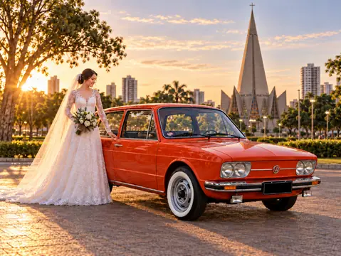 Volkswagen Brasília 1975, Vermelho Nobre — composição promocional com noiva