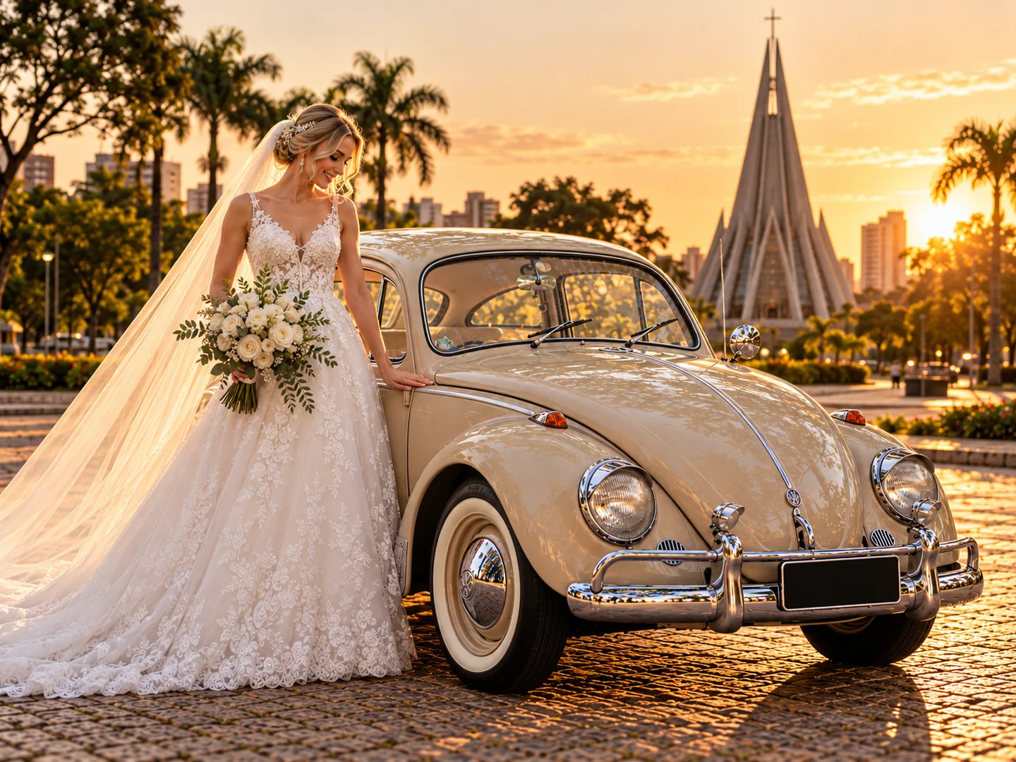 Imagem promocional de Volkswagen Fusca 1963 em cenário ilustrativo de evento