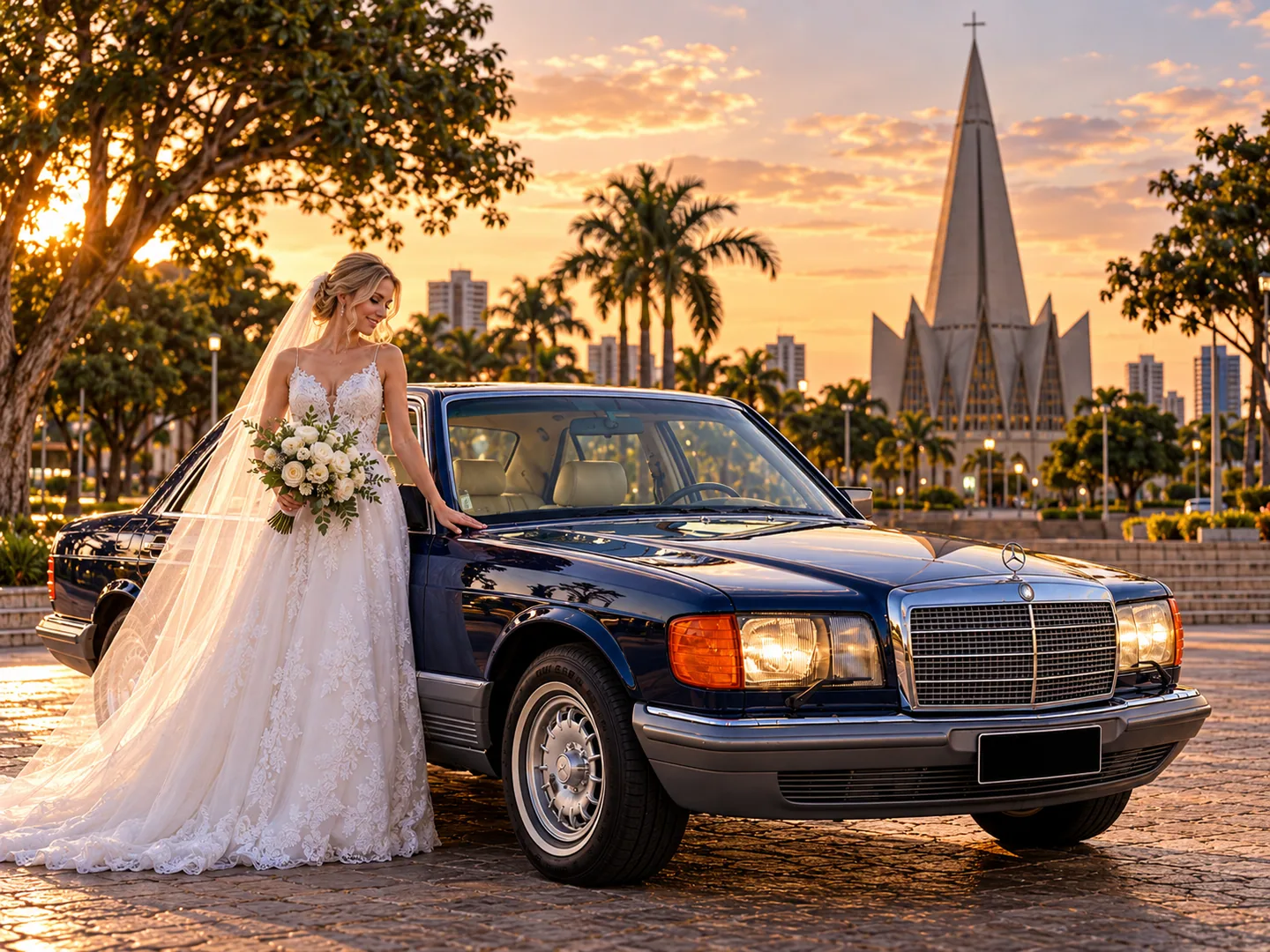 Imagem promocional de Mercedes-Benz 280 SE em cenário ilustrativo de evento